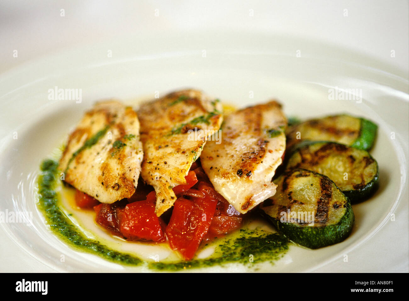 Food, Grilled mahi mahi with zucchini and a peperonata sauce, red