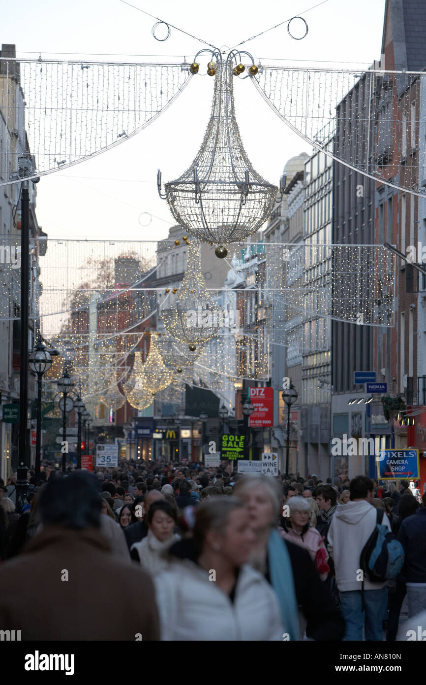 illuminated christmas lights and shoppers on Grafton Street pre
