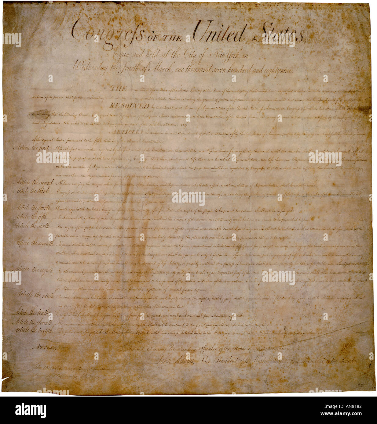 The Original hand written US Bill of Rights Stock Photo