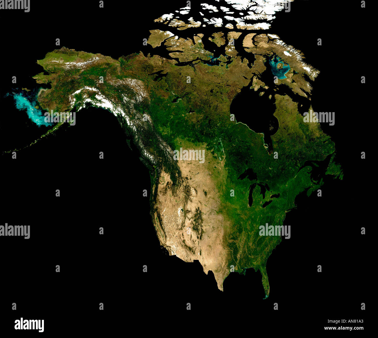 North America shown in perspective a satellite view Canada Alaska Yukon United States Stock Photo