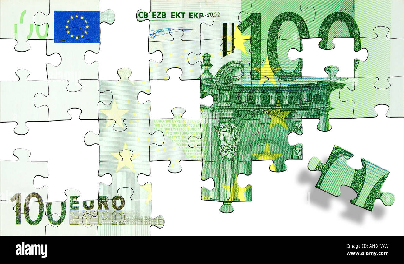 Jigsaw pieces forming a green one hundred Euro banknote. Isolated on a ...