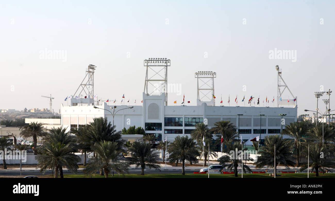 The Khalifa Tennis Stadium in Doha Qatar rigged out with flags for the