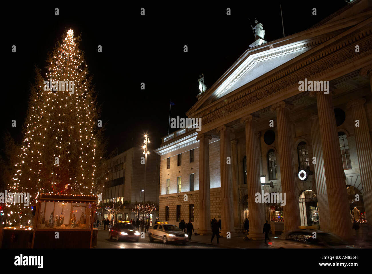 GPO and christmas tree with nativity scene in the middle of o connell