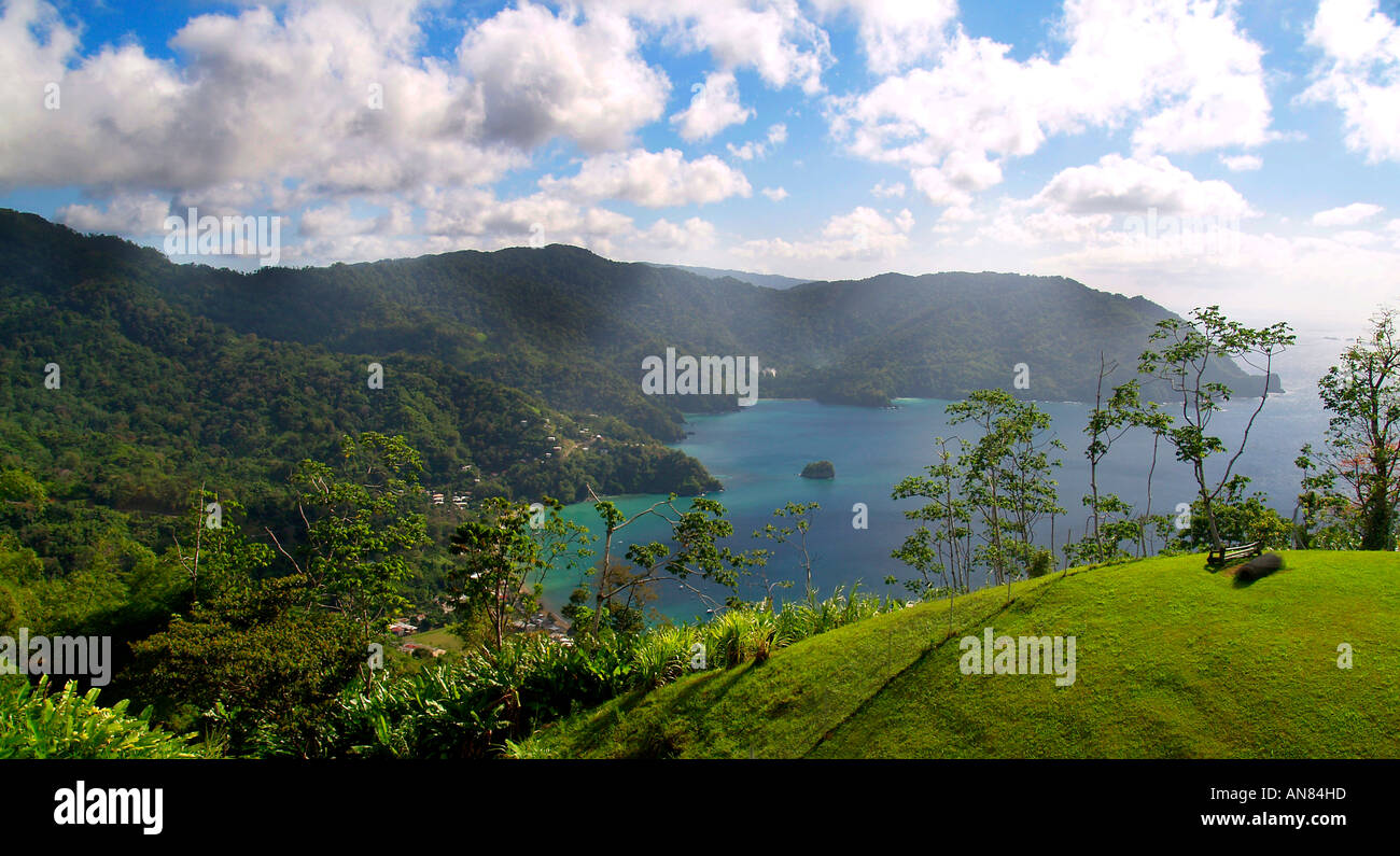 View across Pirates Bay towards Man of War Bay from Flag Staff Hill Tobago Stock Photo