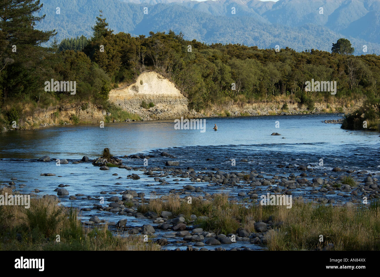 Anglers fishing for trout in the Hydro Pool on New Zealands Tongariro River. Stock Photo