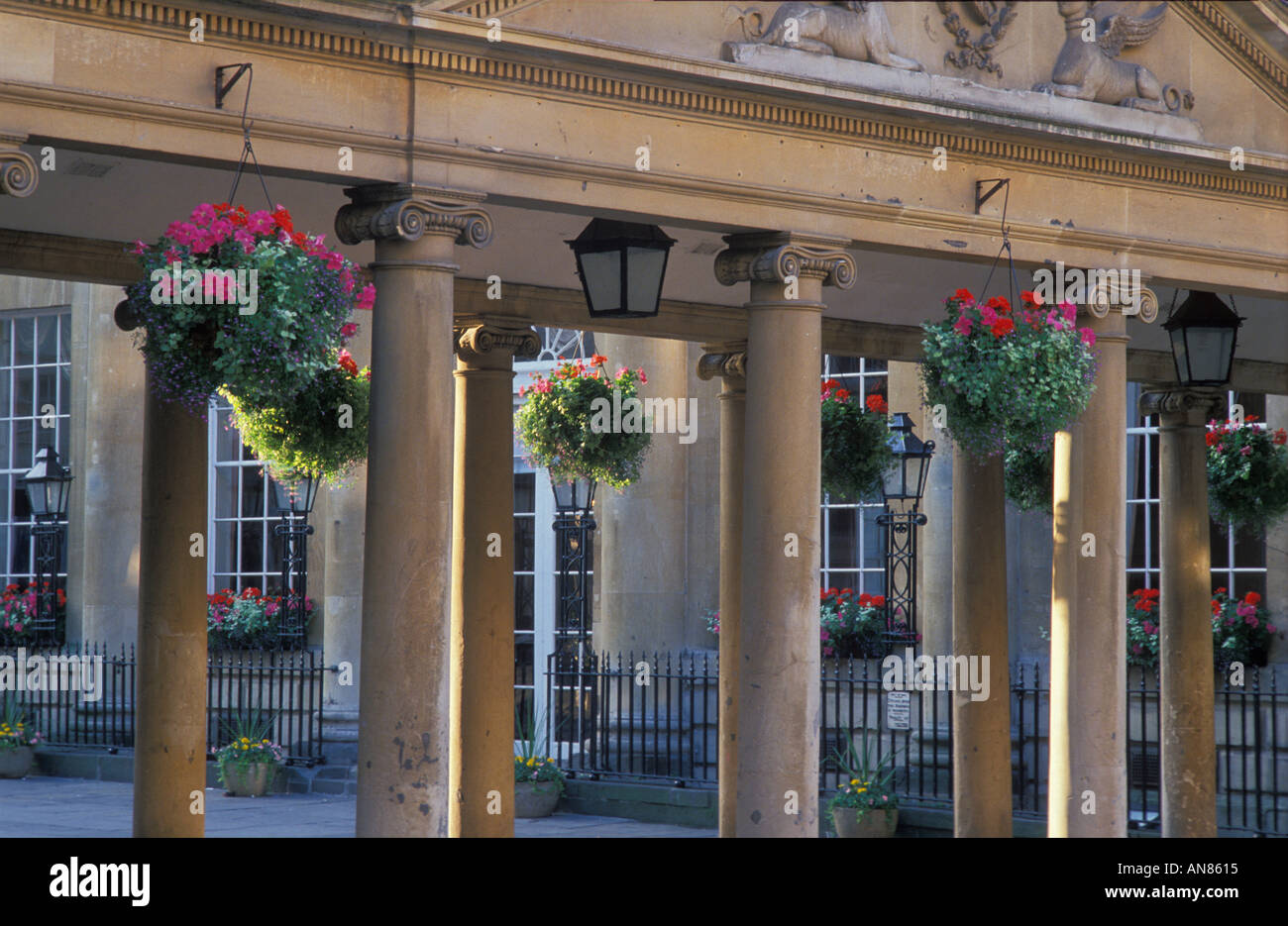 Hanging Baskets at Pump Rooms Roman Baths Bath Avon England UK Stock Photo