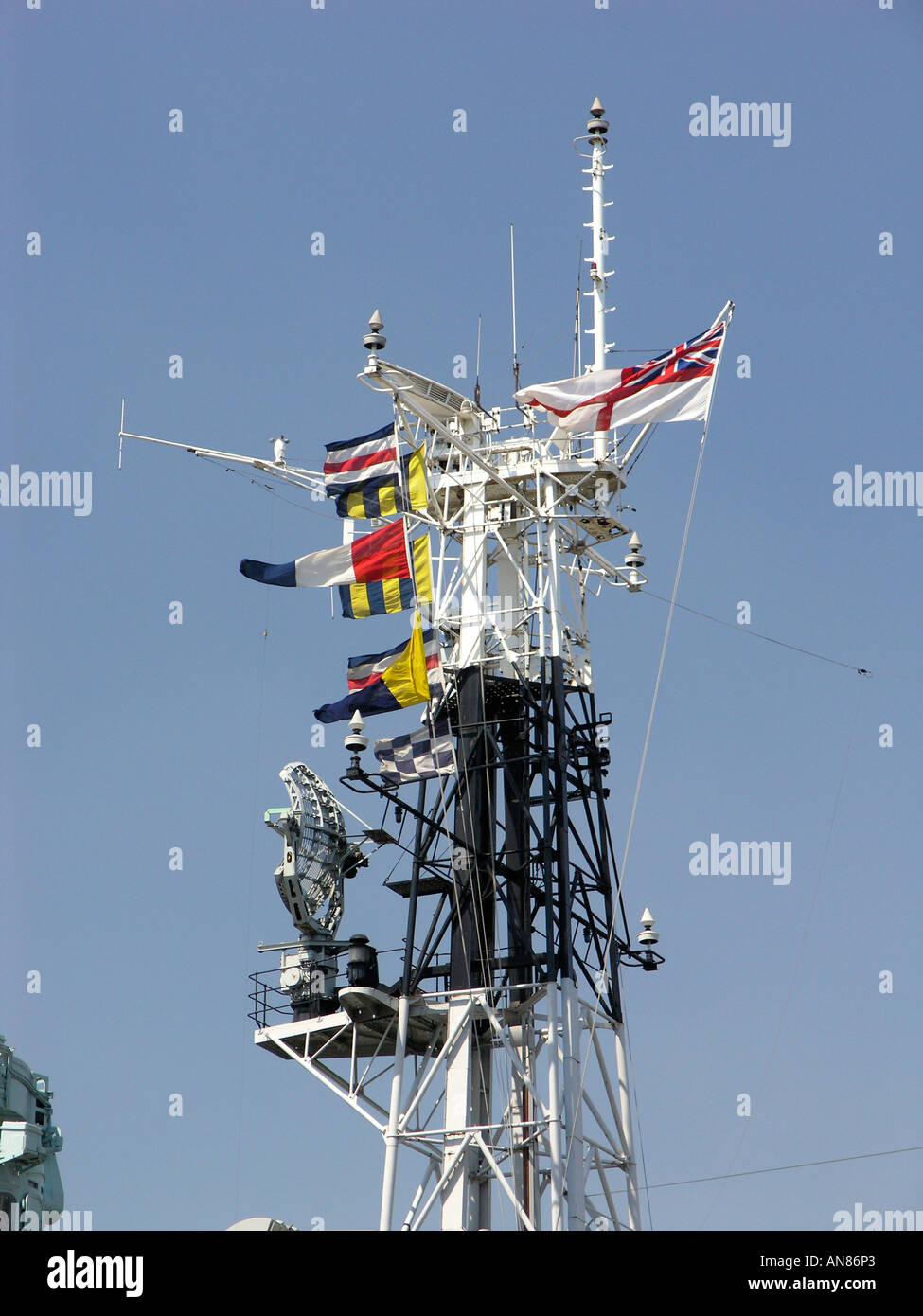 HMS Belfast, a Town Class Cruiser, moored on the south bank of the Thames just upstream from Tower Bridge. Stock Photo