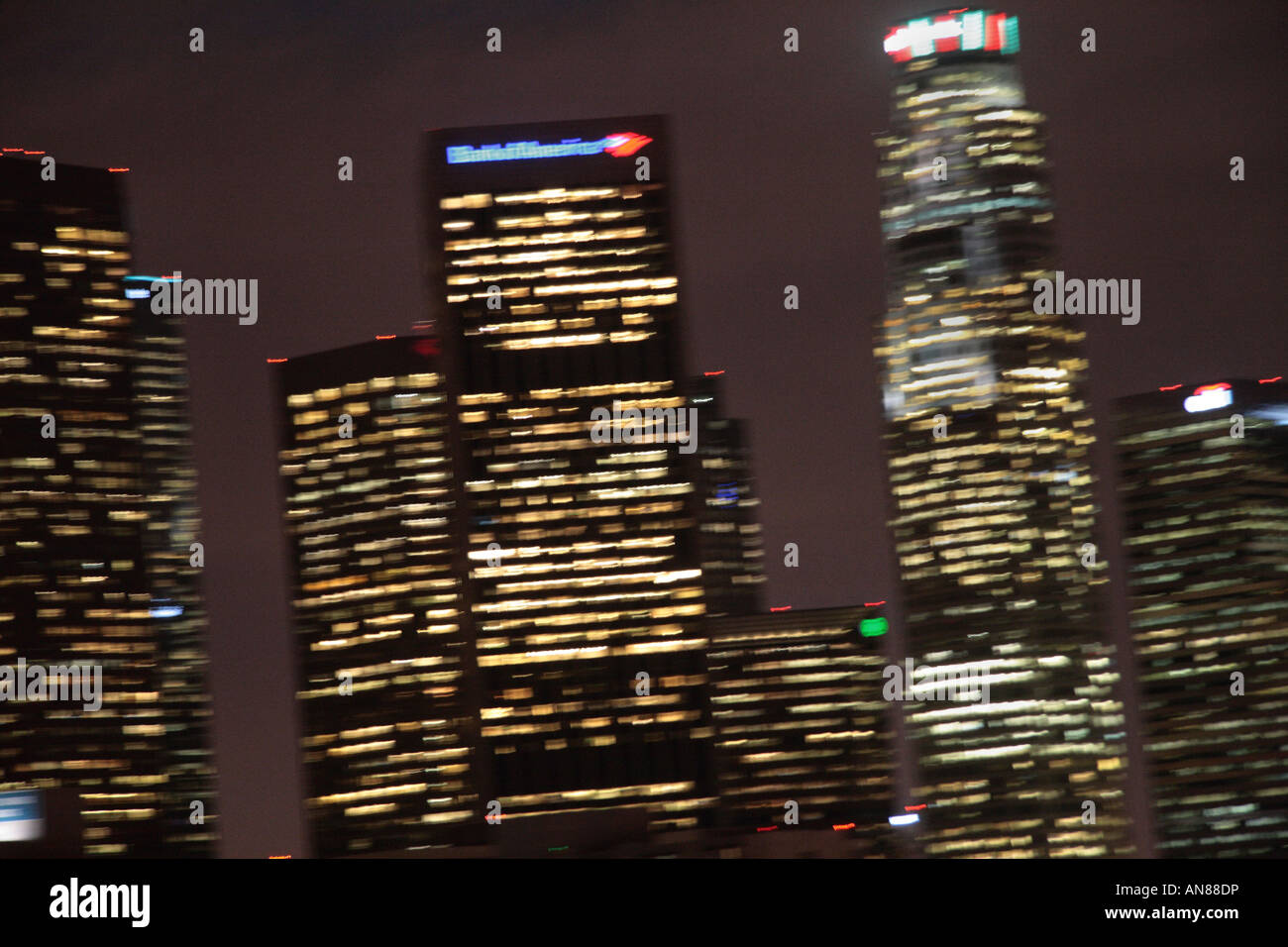 Blurred Los Angles skyline at night Stock Photo