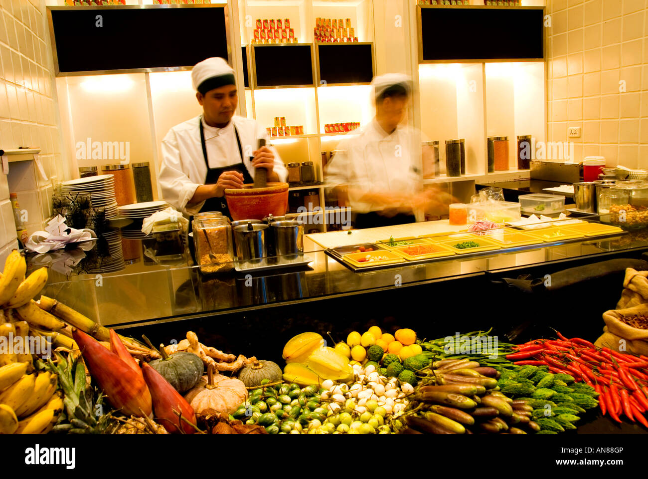 Thai chefs at work in the kitchen, Basil Restaurant, thai restaurant