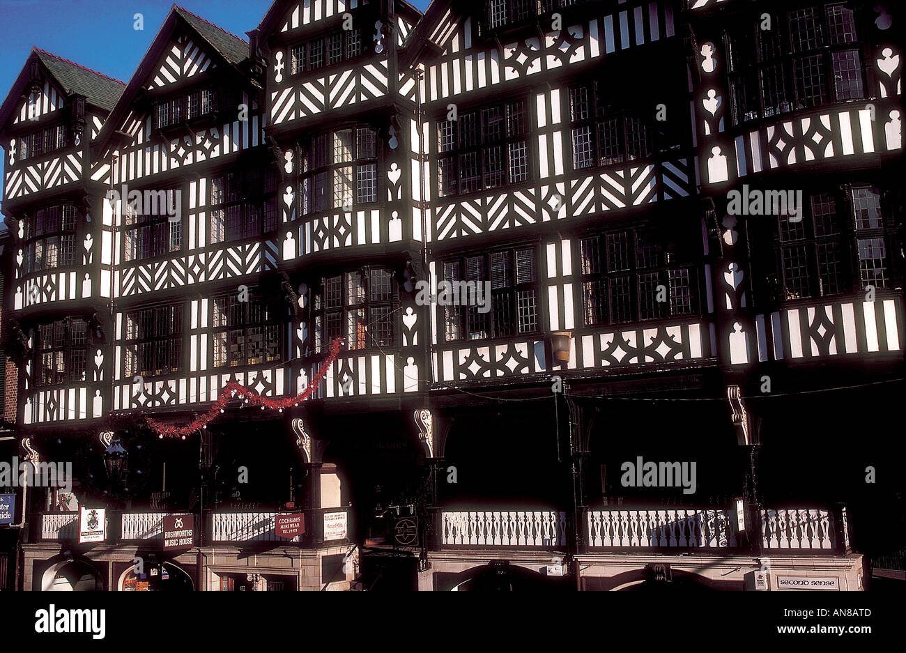 Black and white half timbered medieval buildings in Chester called The