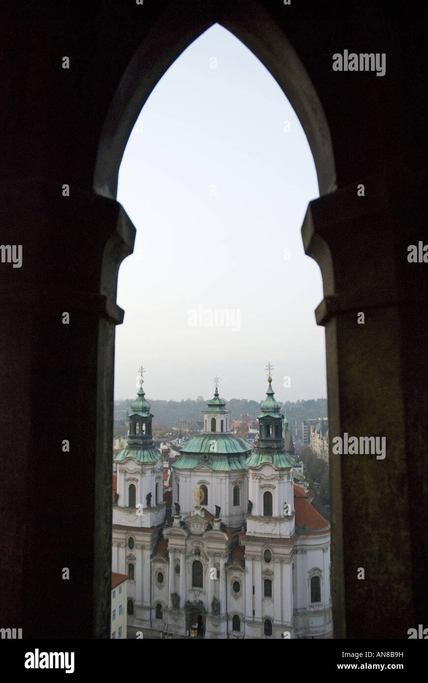 Looking through the arch of the Old Town Hall look out tower in central Prague, Czech Republic. Stock Photo