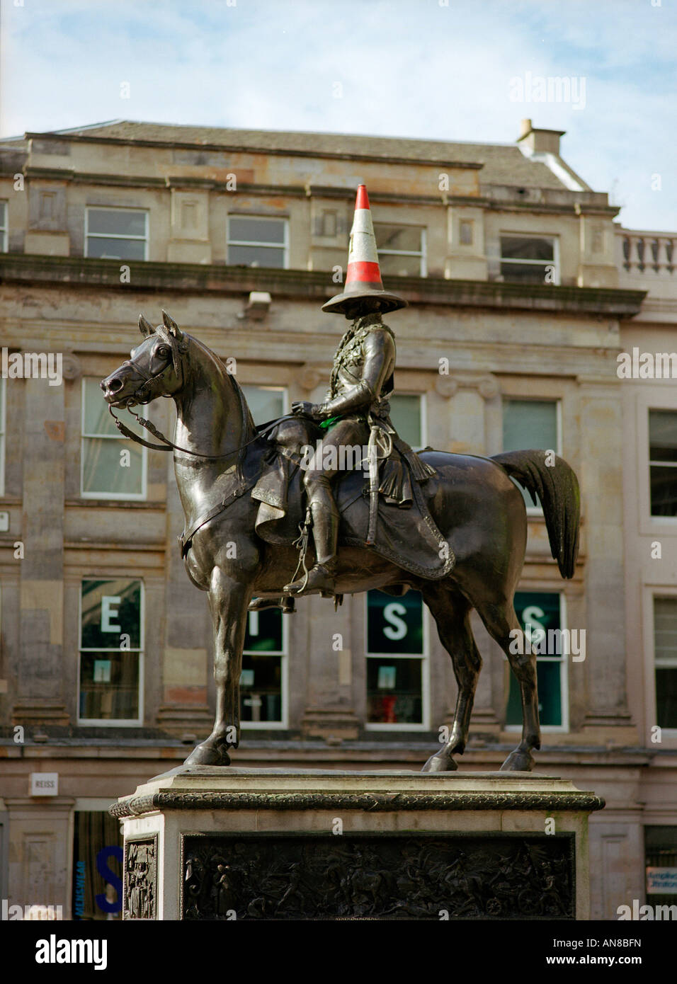 Duke of Wellington Statue, Glasgow City Centre, with traffic cone on