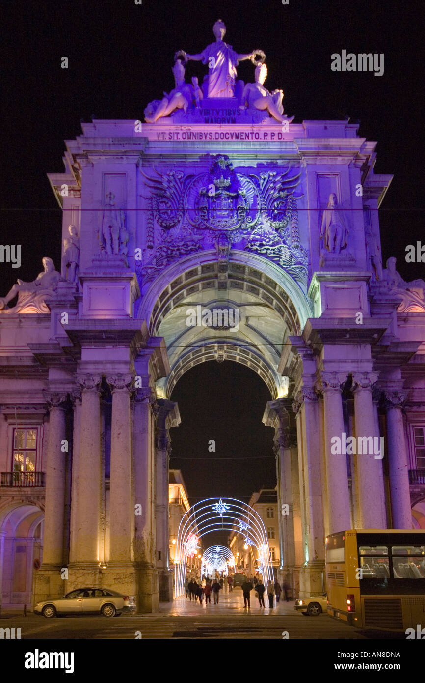 LISBON PORTUGAL Christmas lights illuminate the gateway to Praca de Dom