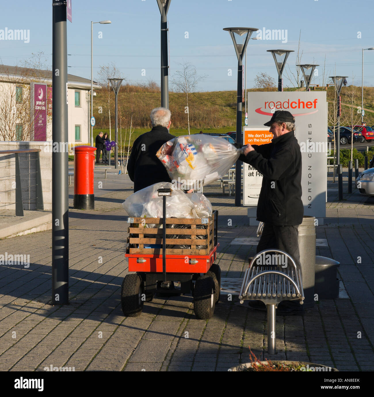 Workers cleaning up at Norton Canes motorway service area M6 toll road