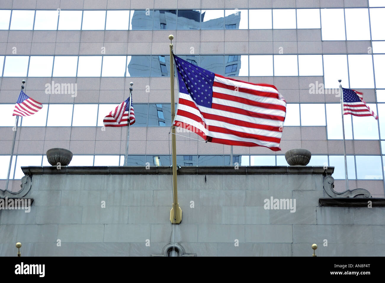 The American Flag flying in the cold winter air in downtown Chicago ...