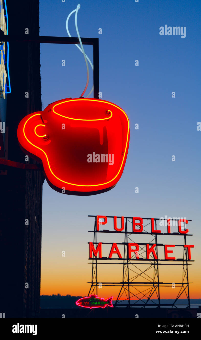 Neon sign near Pike Place Market in Seattle Stock Photo
