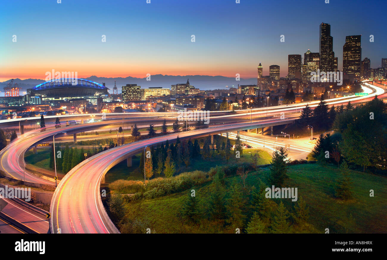 Freeways leading to downtown Seattle at sunset Stock Photo