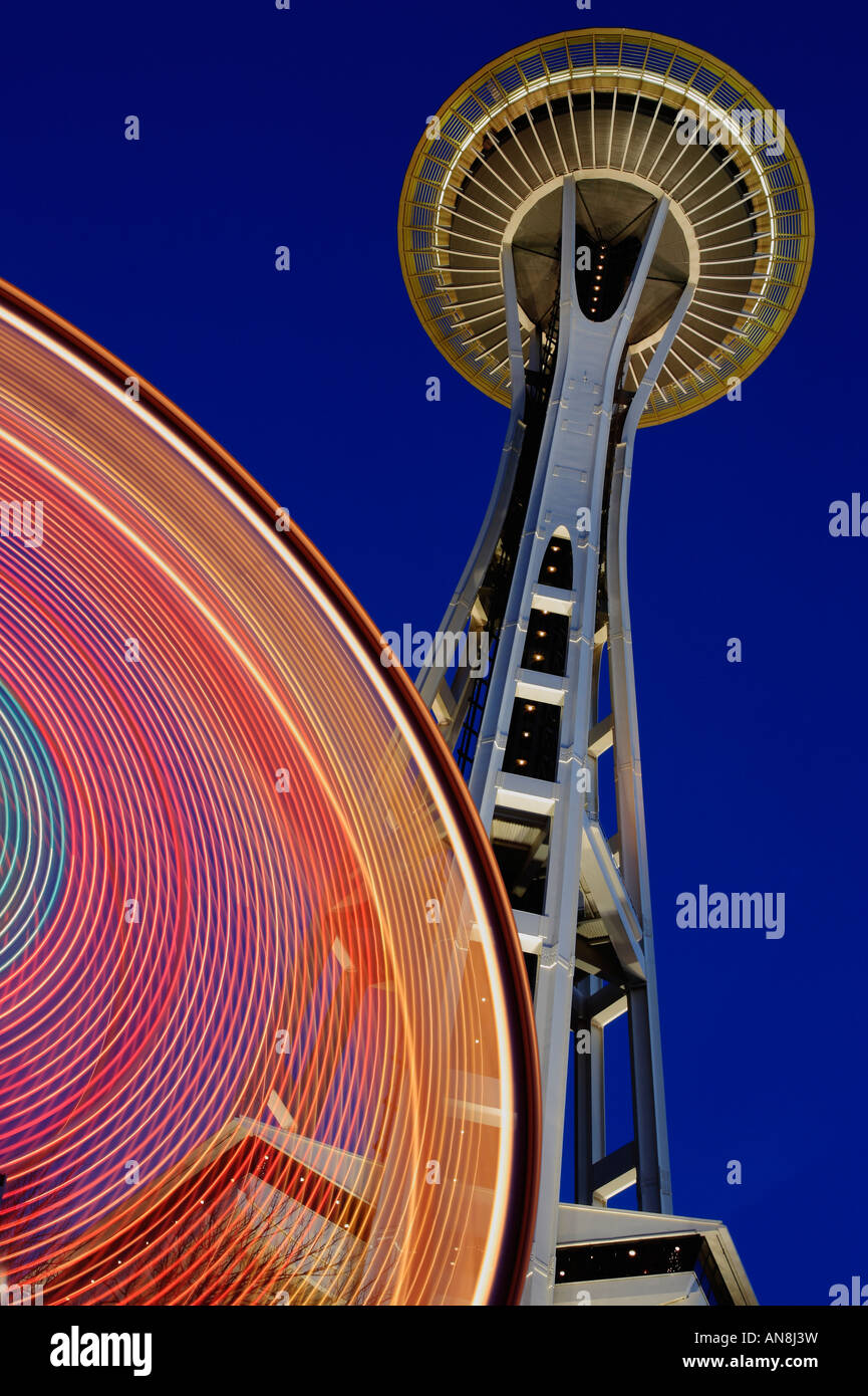 Space Needle and ferris wheel in Seattle's Pacific Science Center Stock