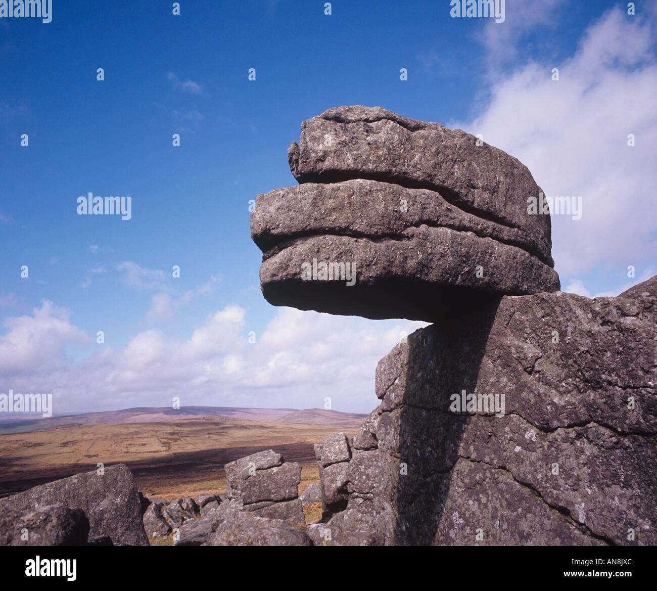 Logon Stone below Rippon Tor on Dartmoor Devon Balancing stone boulder Stock Photo