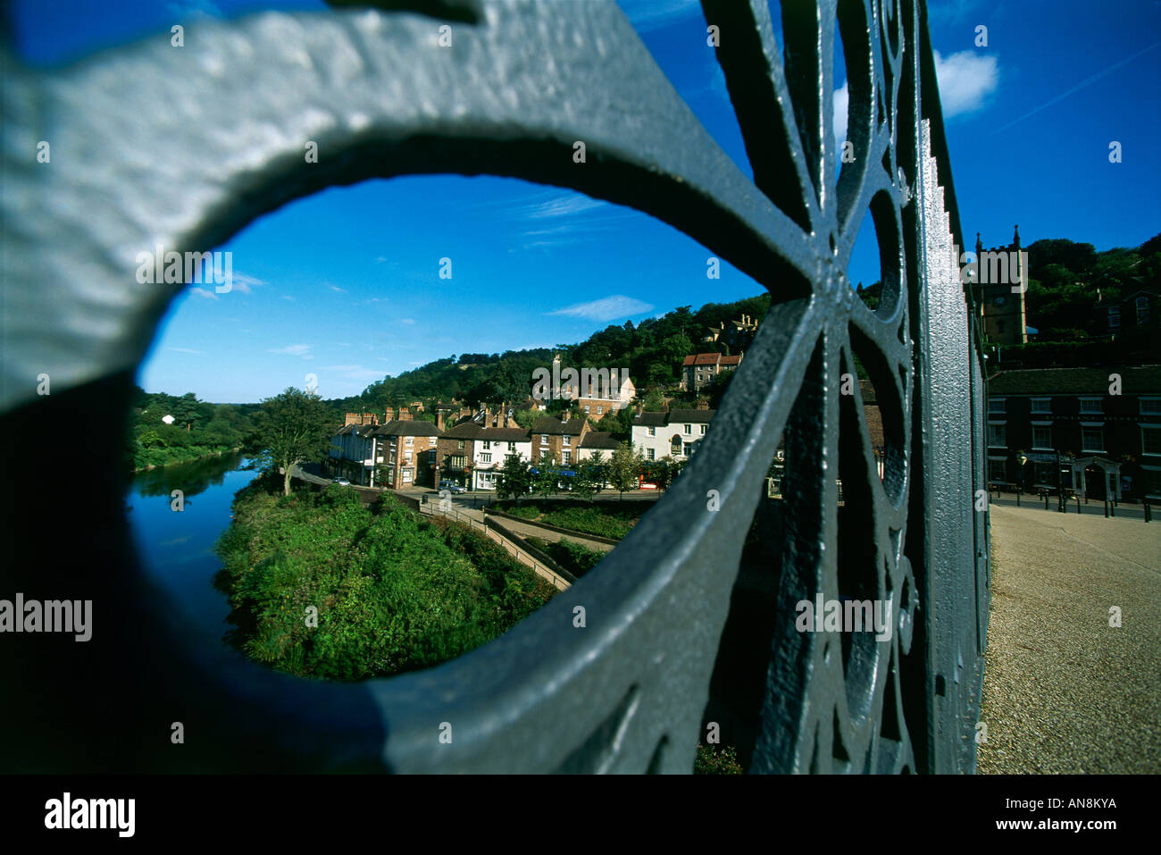 View of the town Ironbridge from Iron Bridge Stock Photo