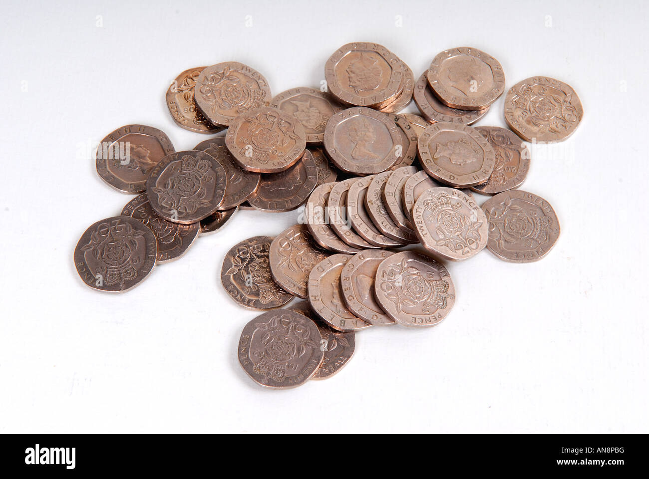 20p coins sterling. Stock Photo