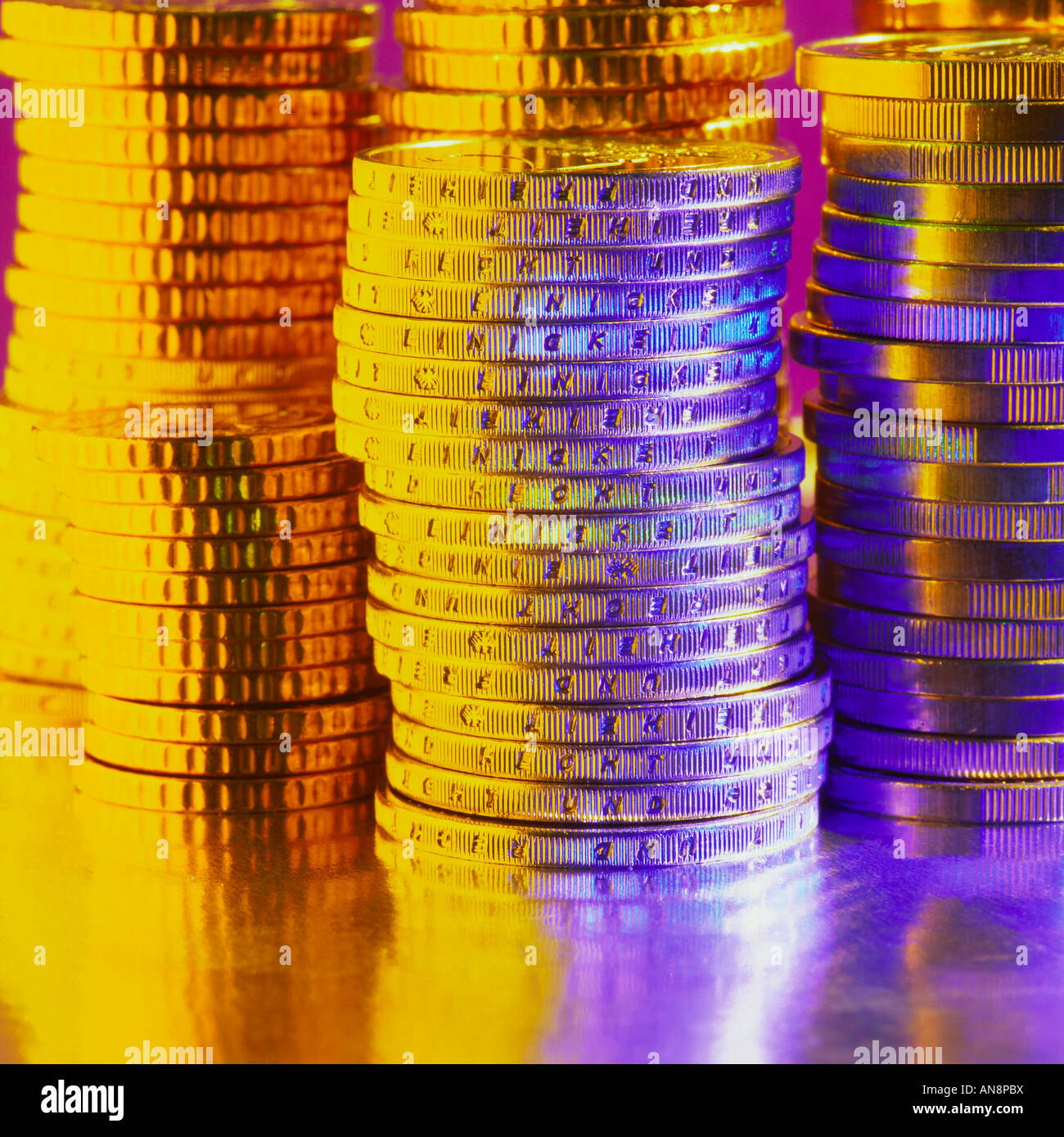 European coins in colored light Stock Photo