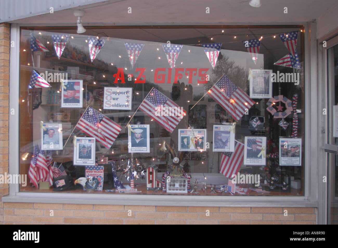Gift shop window of flags and servicemen Wisconsin USA Stock Photo