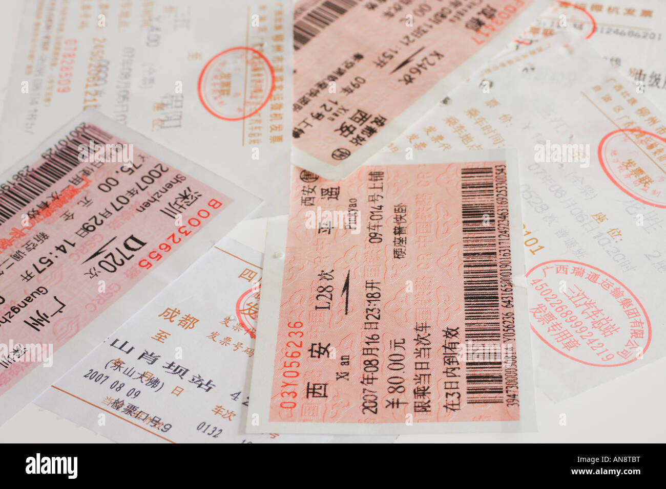 Close Up Of Used Chinese Train And Bus Tickets Stock Photo