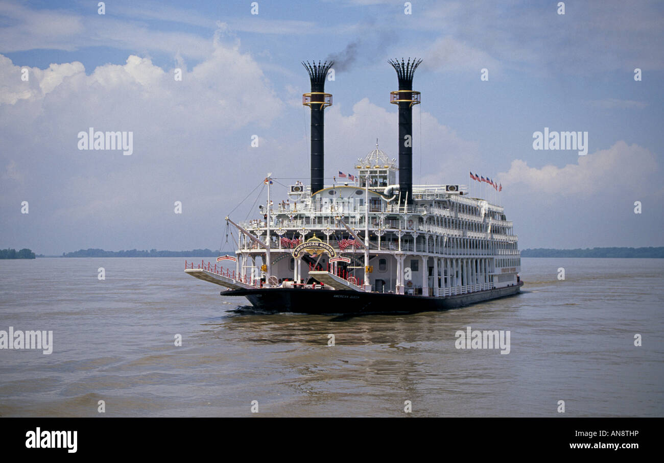 A portrait of the American Queen the largest paddlewheel steamboat in the world on the Mississippi River near Natchez Stock Photo