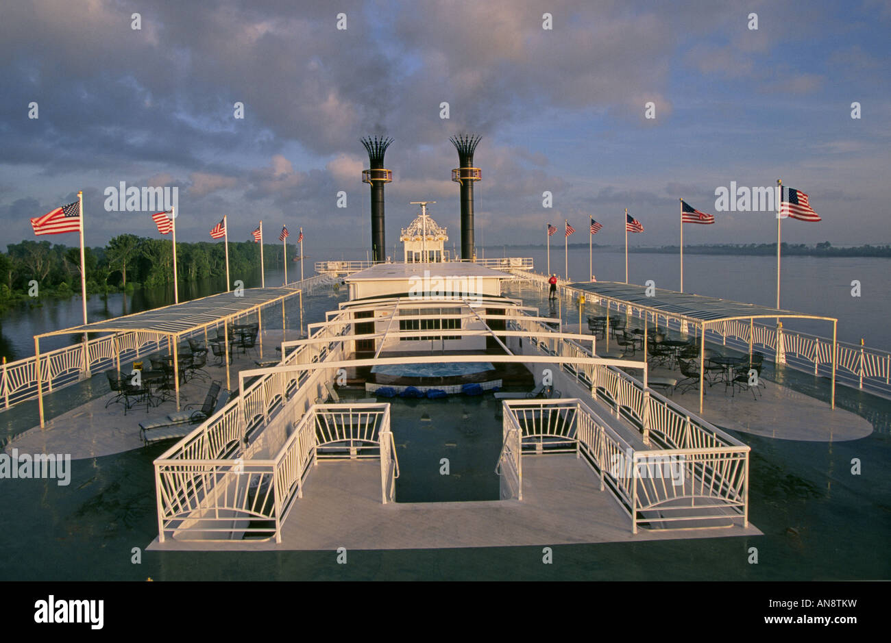 USA TENNESSEE A view of the top decks of the paddlewheel steamboat American Queen on the Tennessee River in early morning Stock Photo