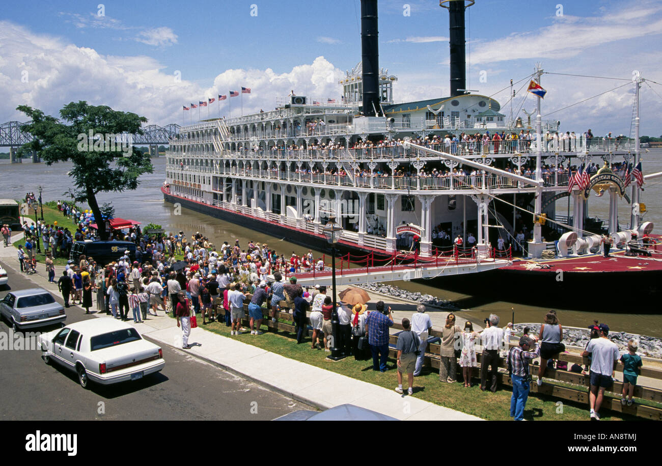A portrait of the American Queen the largest paddlewheel steamboat in the world on the Mississippi River docked at Natchez Stock Photo