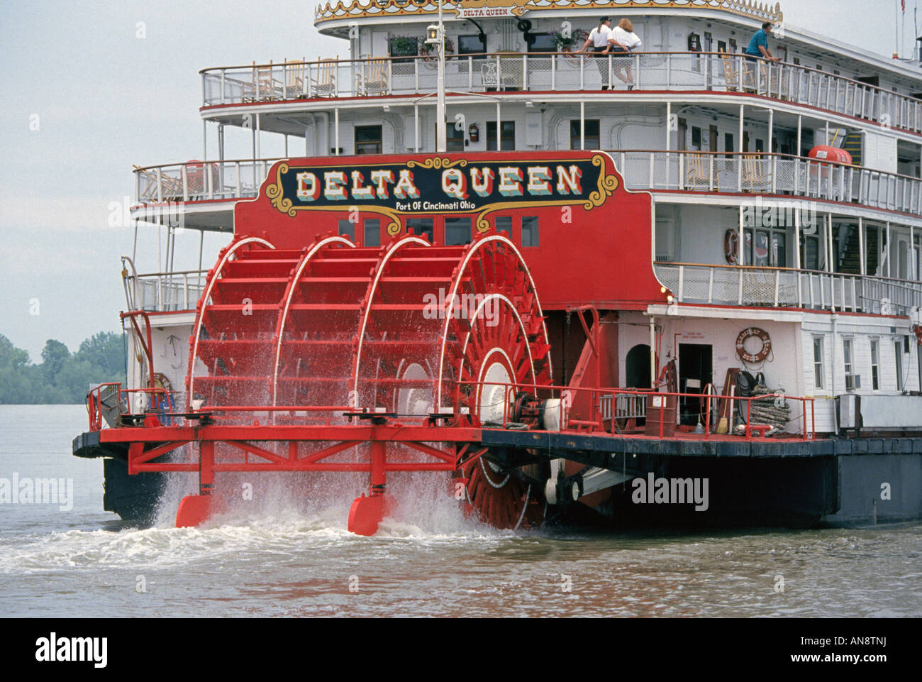 A view of the paddlewheel steamboat Delta Queen on the Mississippi River near Baton Rouge Stock Photo