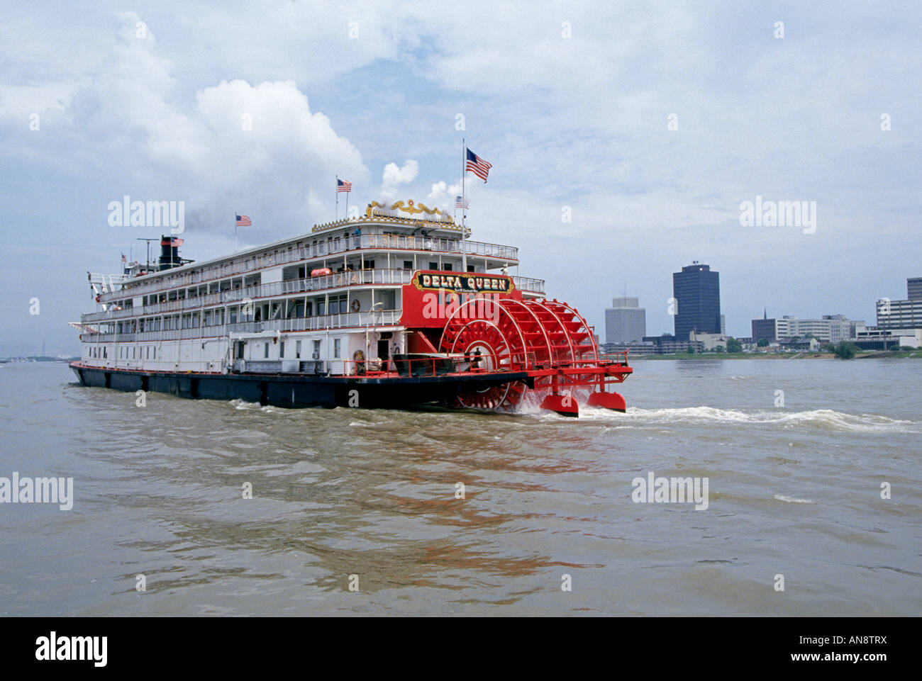 A view of the paddlewheel steamboat Delta Queen on the Mississippi River near Baton Rouge Stock Photo