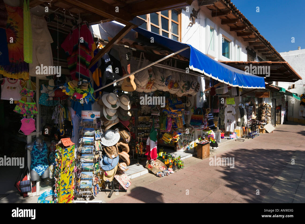 Shops in Plaza Malecon Flea Market, Malecon, Old Town, Puerto Vallarta, Jalisco, Mexico Stock Photo