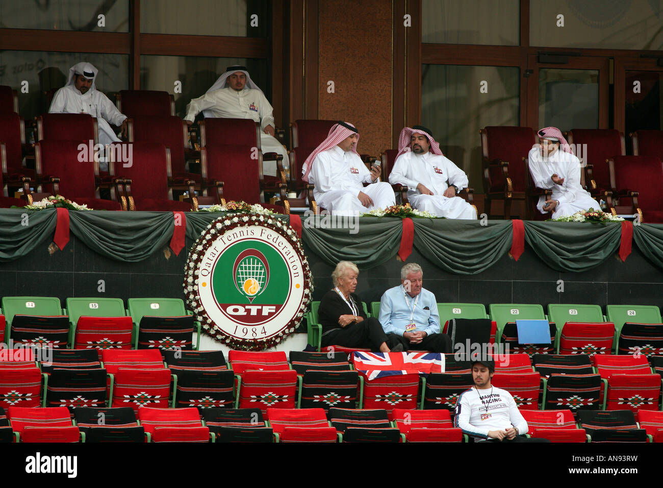 Supporters of Britain s Andy Murray hang out the Union Jack in the VIP box  at the Khalifa Tennis Stadium Doha Qatar Stock Photo - Alamy