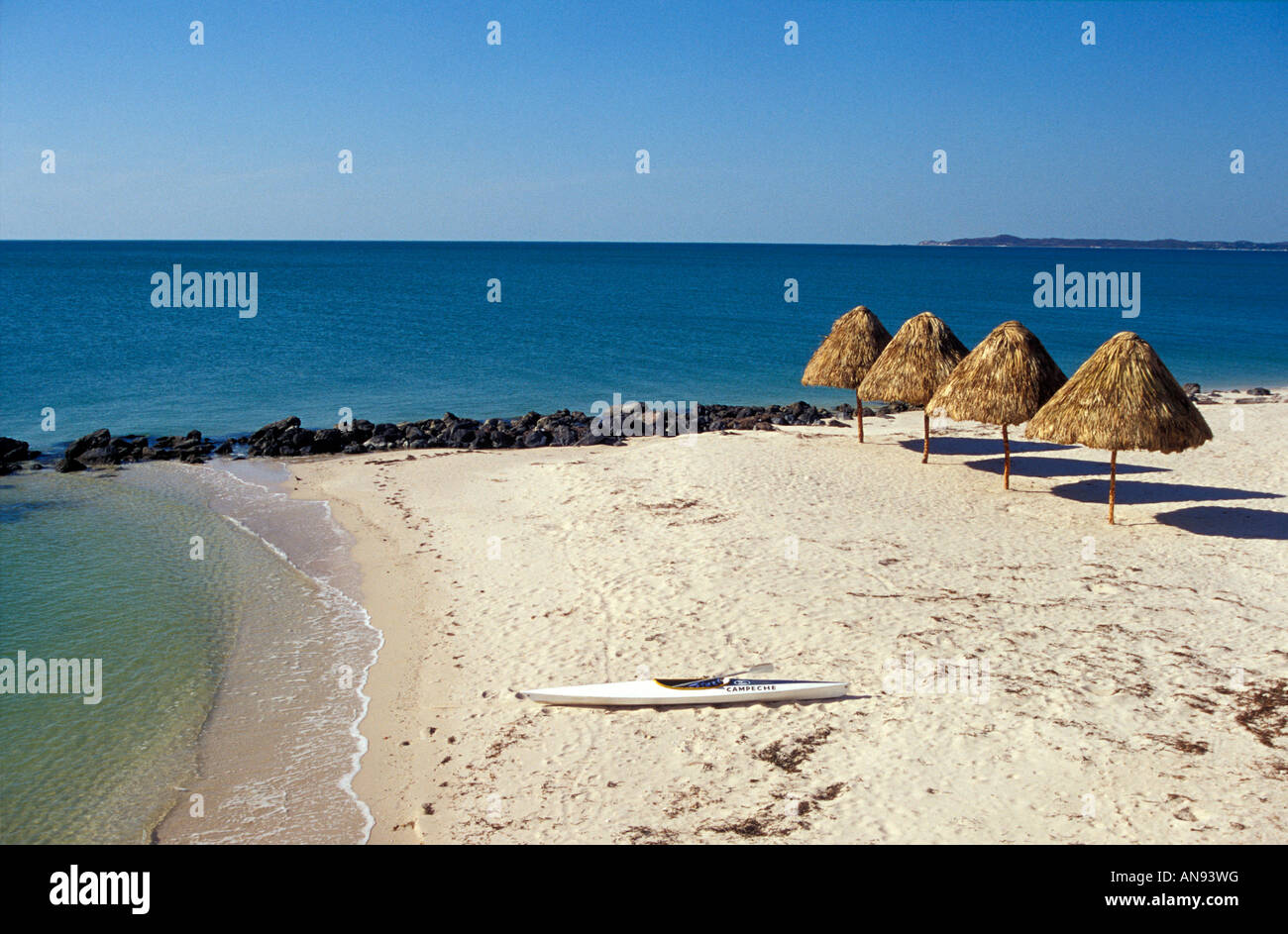 Kayak on a white sand beach on the Gulf of Mexico near the city of