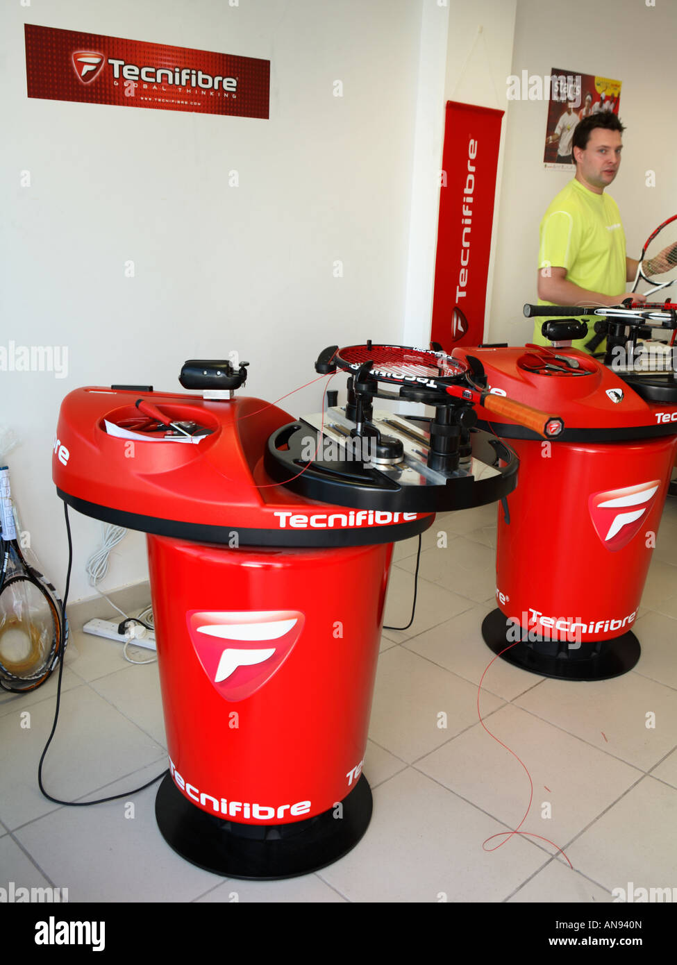Tennis racquet re stringing machines by tecnifibre in use at the Qatar