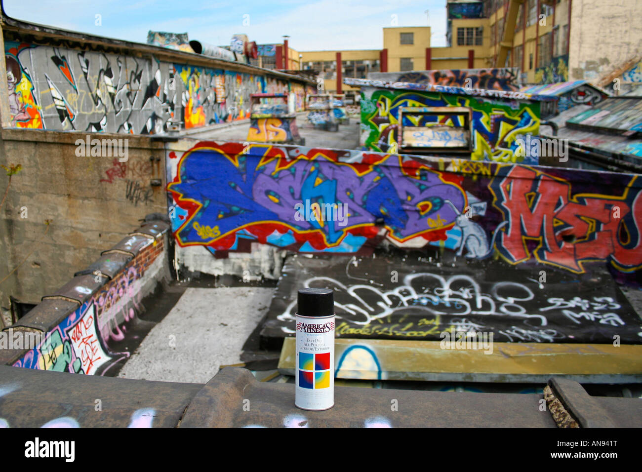 Americas Finest Brand Spraypaint Can and Graffiti at 5 pointz warehouse in Long Island City Stock Photo