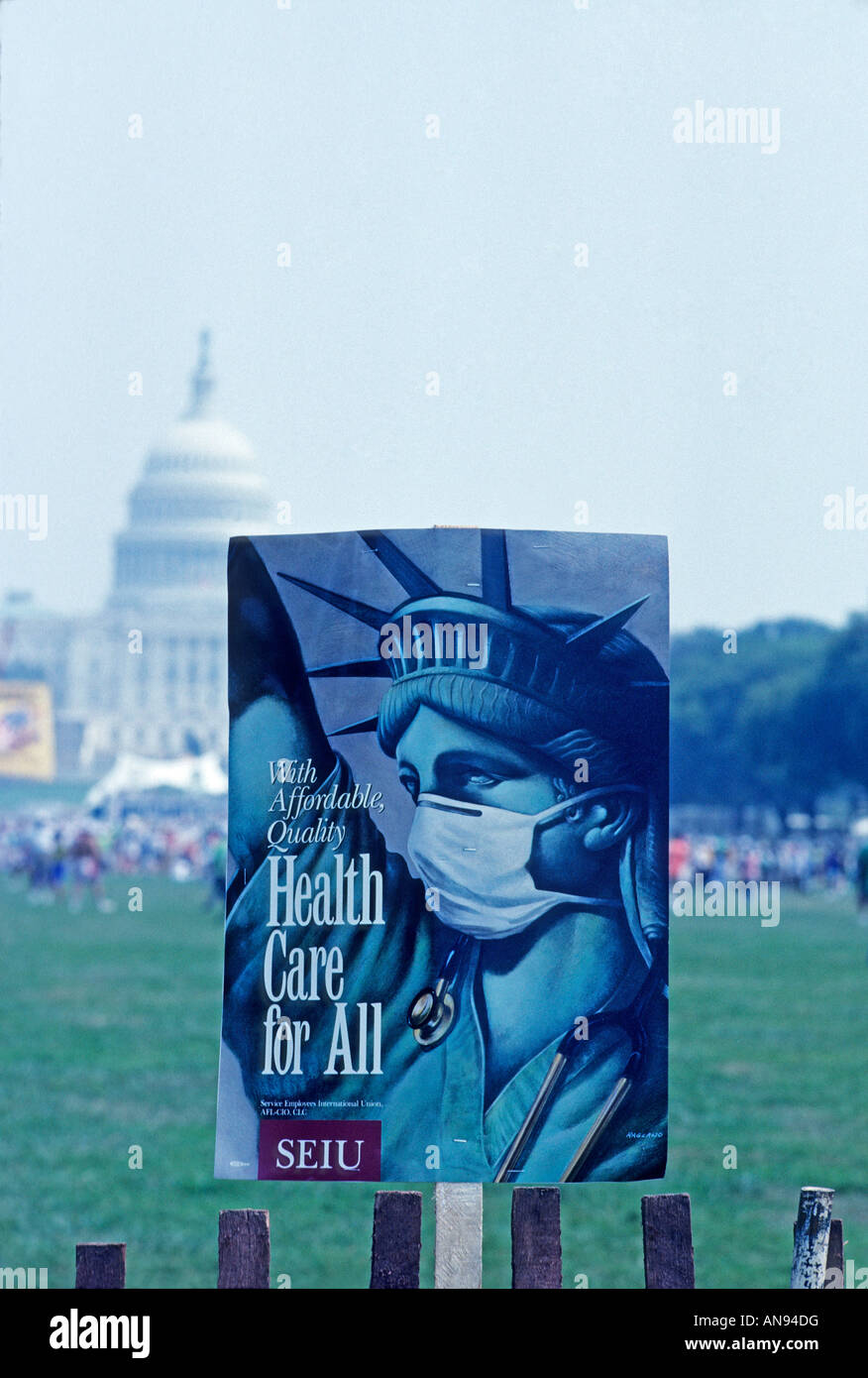 Health care protest sign in front of U S Capitol capital on the Mall Washington DC USA Stock Photo