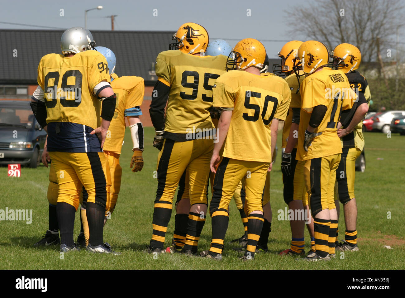 Irish American Football League Carrickfergus knights huddle before game