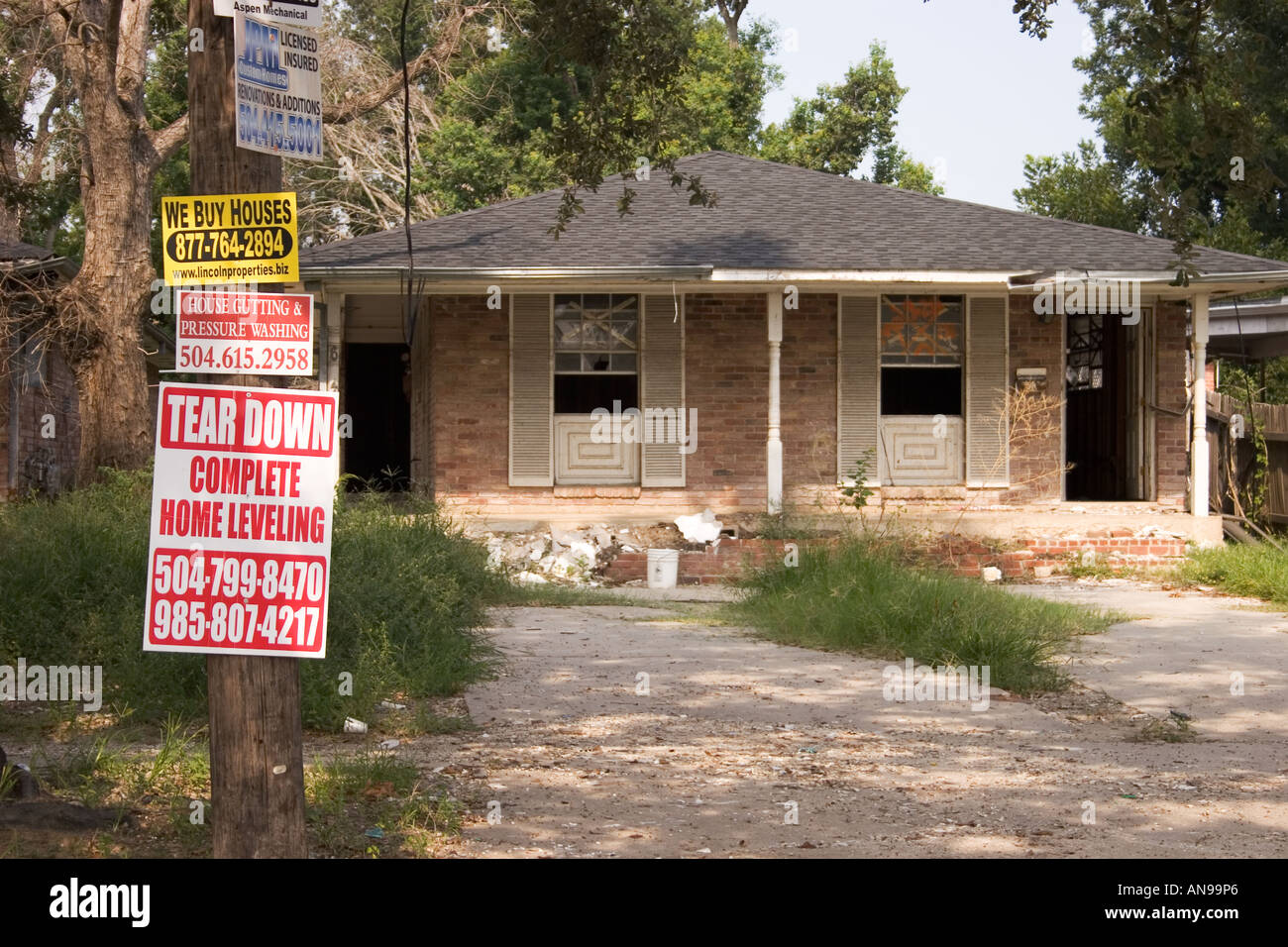 Demolition signs posted in Lakeview neighborhood of New Orleans, one year after hurricane Katrina. Stock Photo