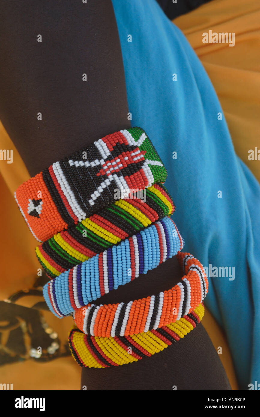 Bright colourful armbands worn by a Masai tribesman on the Shanzu beach