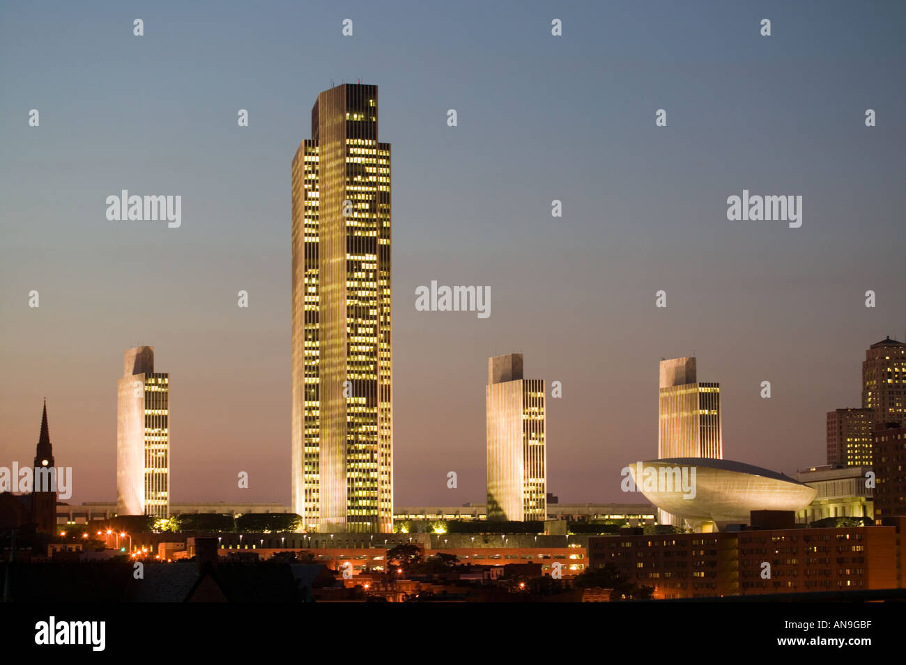 Dusk skyline of Albany capital of New York Empire Plaza State Office Buildings and The Egg Stock Photo