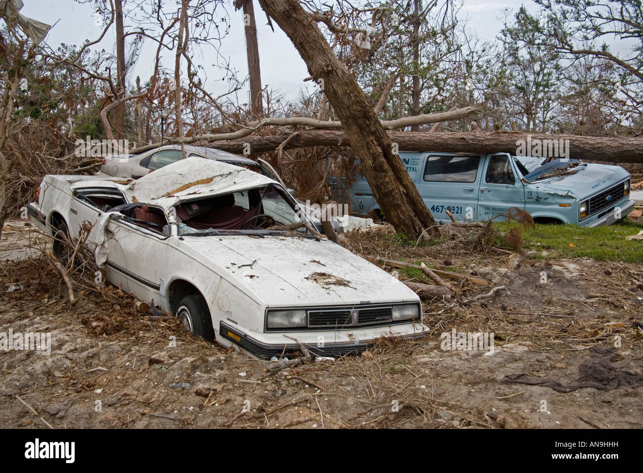 Damage to cars caused by Hurricane Katrina Waveland Mississippi Stock