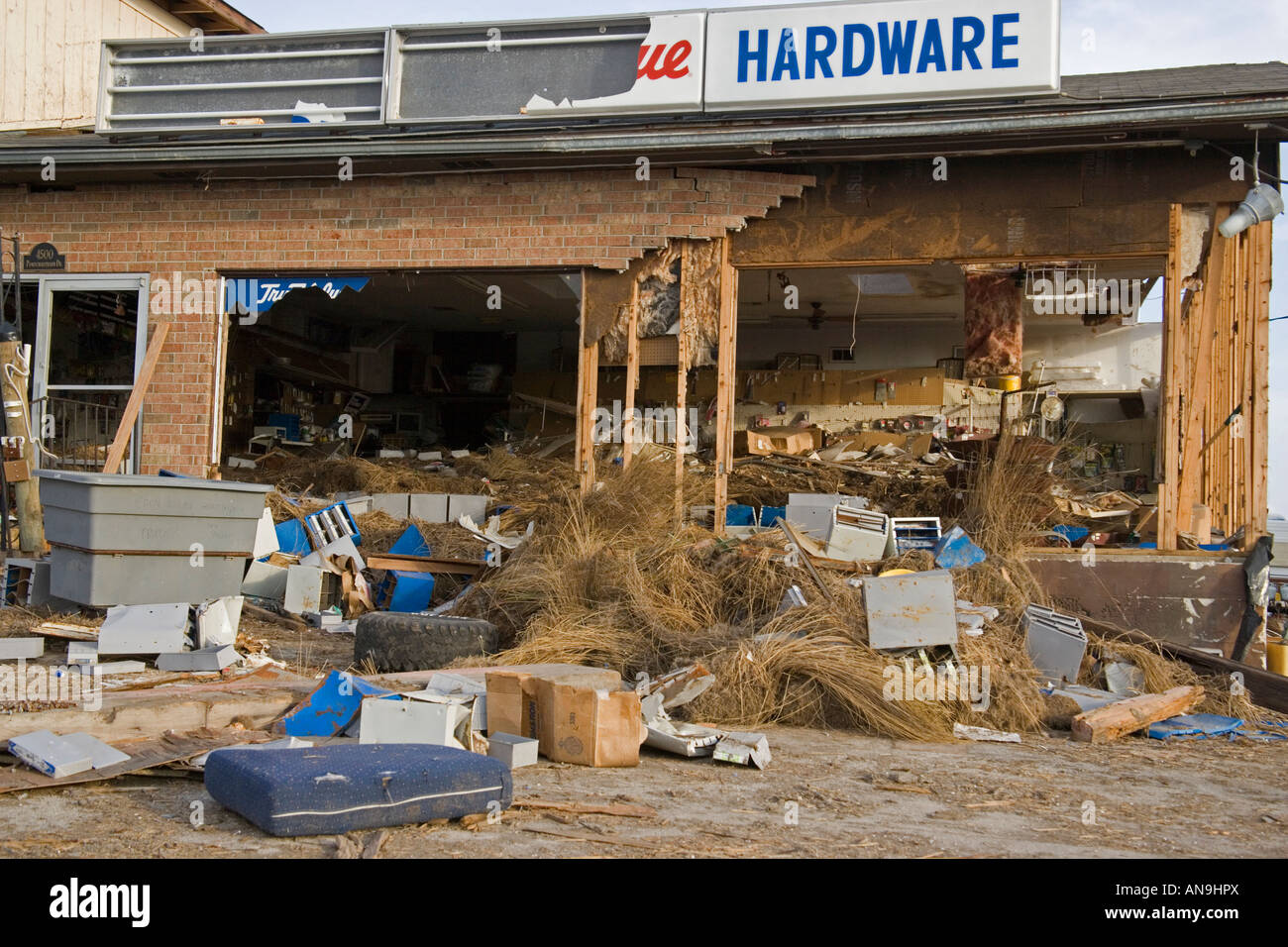 Damage to business caused by Hurricane Katrina Slidell Louisiana On the shore of Lake Pontchartrain Stock Photo