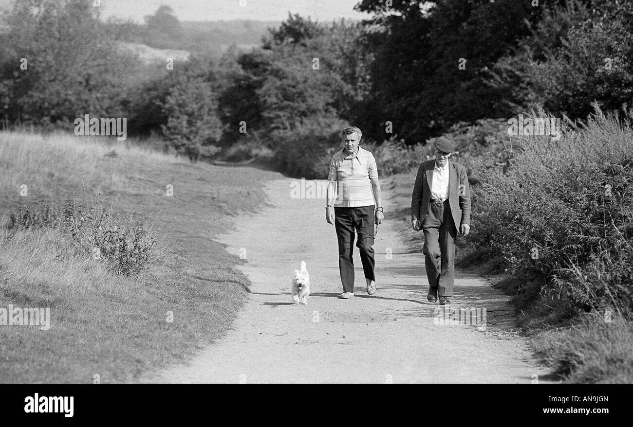 Two men walking along a tree and bush lined path with a dog. Stock Photo