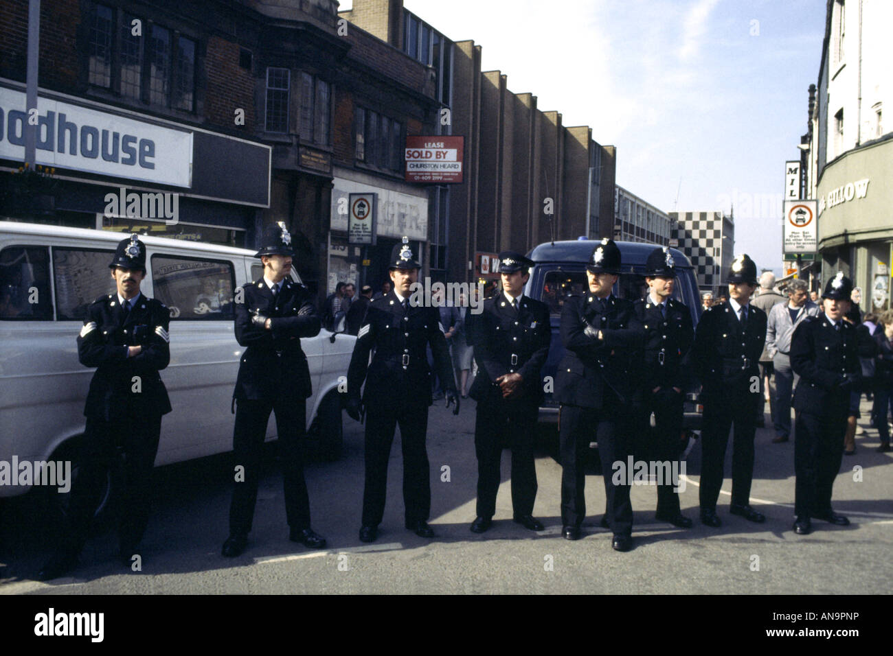 Derbyshire Police form a line to police striking miners during protest rally in Chesterfield Derbyshire during 1984 coal strike Stock Photo