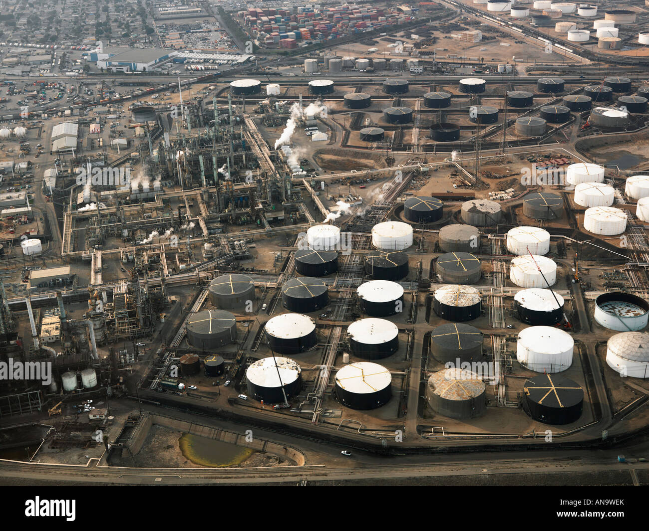 Aerial view of liquid storage tanks in Los Angeles California oil