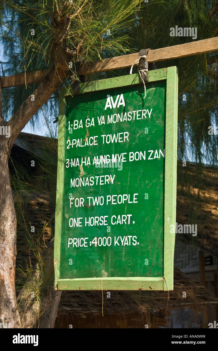 Sign listing price and sights for horsecart tour of Ava, Burma. Stock Photo