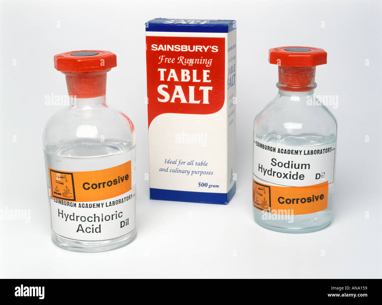 Table salt hydrochloric acid and sodium hydroxide Stock Photo